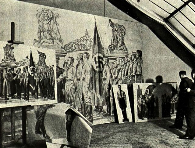 Návrhy německých studentů pražské Akademie výtvarných umění pro nástěnnou malbu v Langemarckhausu, jak se za války Německý studentský dům nazýval. Foto: repro časopis Böhmen und Mähren, Vojenský historický ústav Praha 